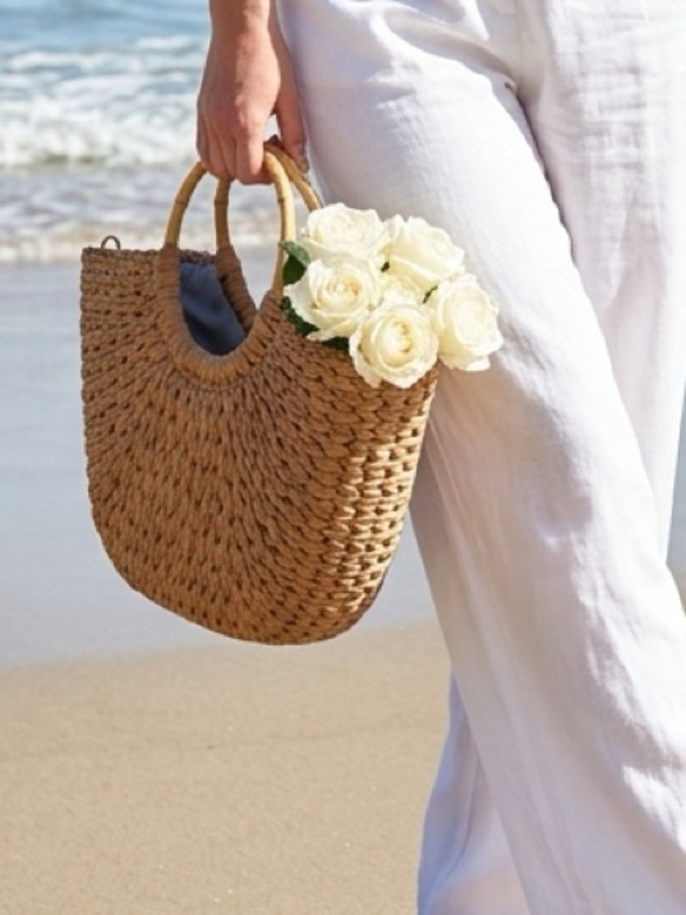 Haute Hippie Woven Straw Tote Bamboo Handle Coastal Boho Bag